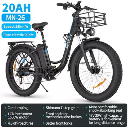 Ridstar MN26 1500W Wide Tire E-Bike 48V 20AH Li-Ion Battery